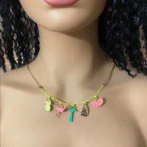 Meri Meri Pink, Green & Gold Necklace Collier with Dainty Tropical 🌴🦩Charms NWT